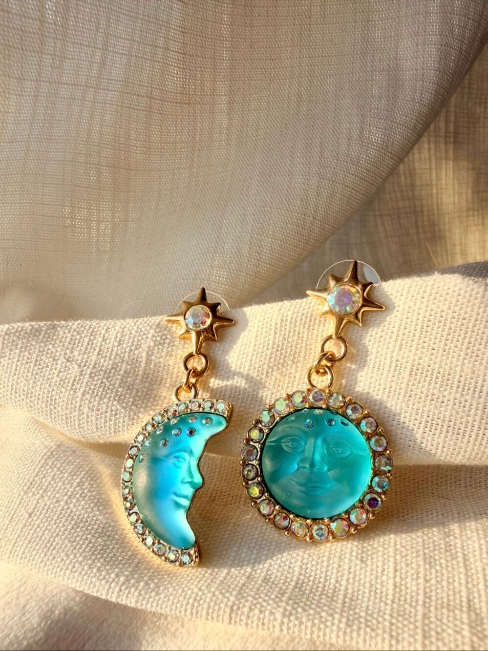Turquoise Sun Moon Celestial Crystal Mismatched Drop Earrings